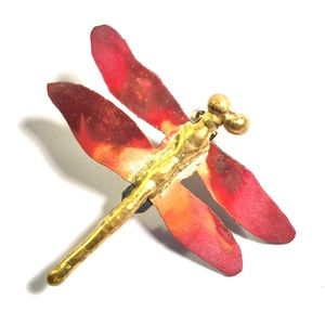 Dragonfly Brooch with Hand Cut Metal Wings Signed